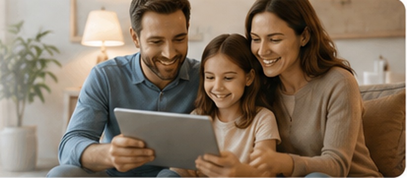 Famiglia che consulta informazioni su un tablet